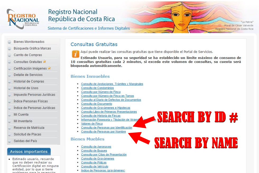 Free Costa Rica real estate title check by name