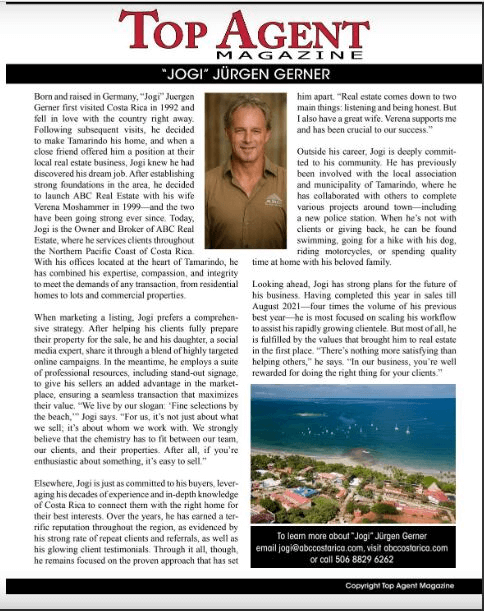 Our Tamarindo Real Estate Broker in Top Agent Magazine 2021